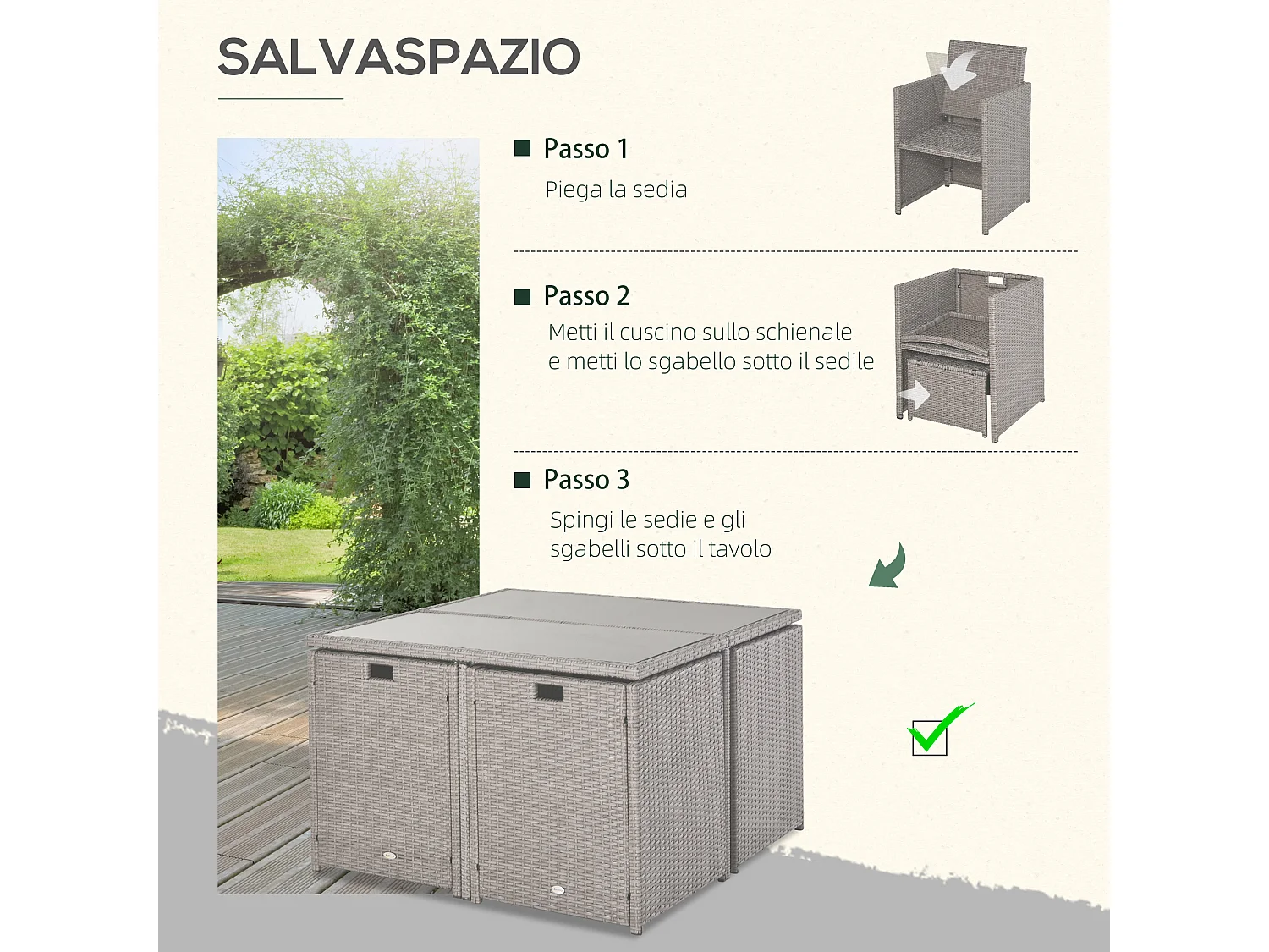 Set mobili da giardino esterno 9pz rattan grigio