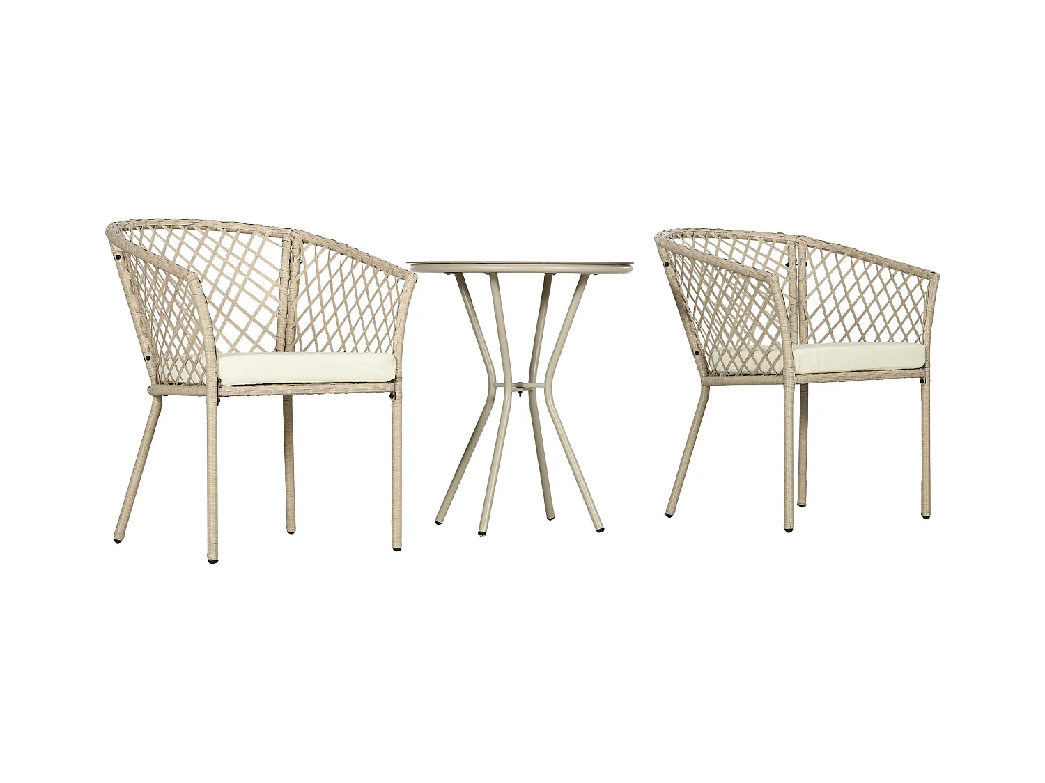 Set da giardino 2 poltrone con cuscini e tavolino in vetro e rattan pe