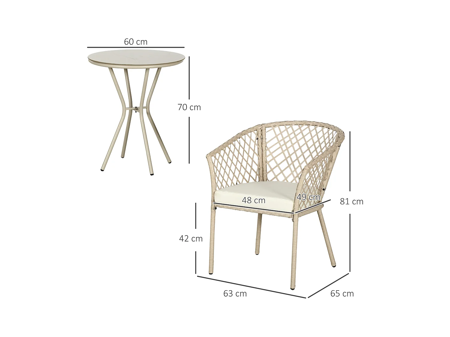 Set da giardino 2 poltrone con cuscini e tavolino in vetro e rattan pe