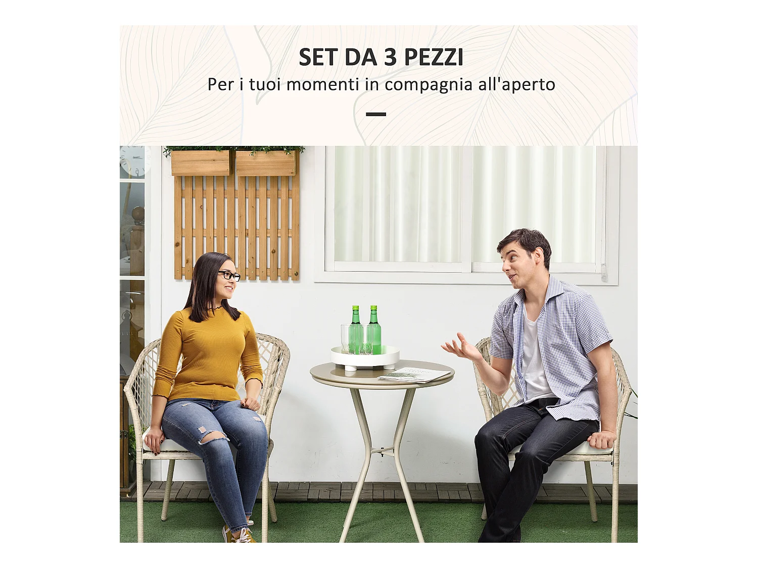 Set da giardino 2 poltrone con cuscini e tavolino in vetro e rattan pe