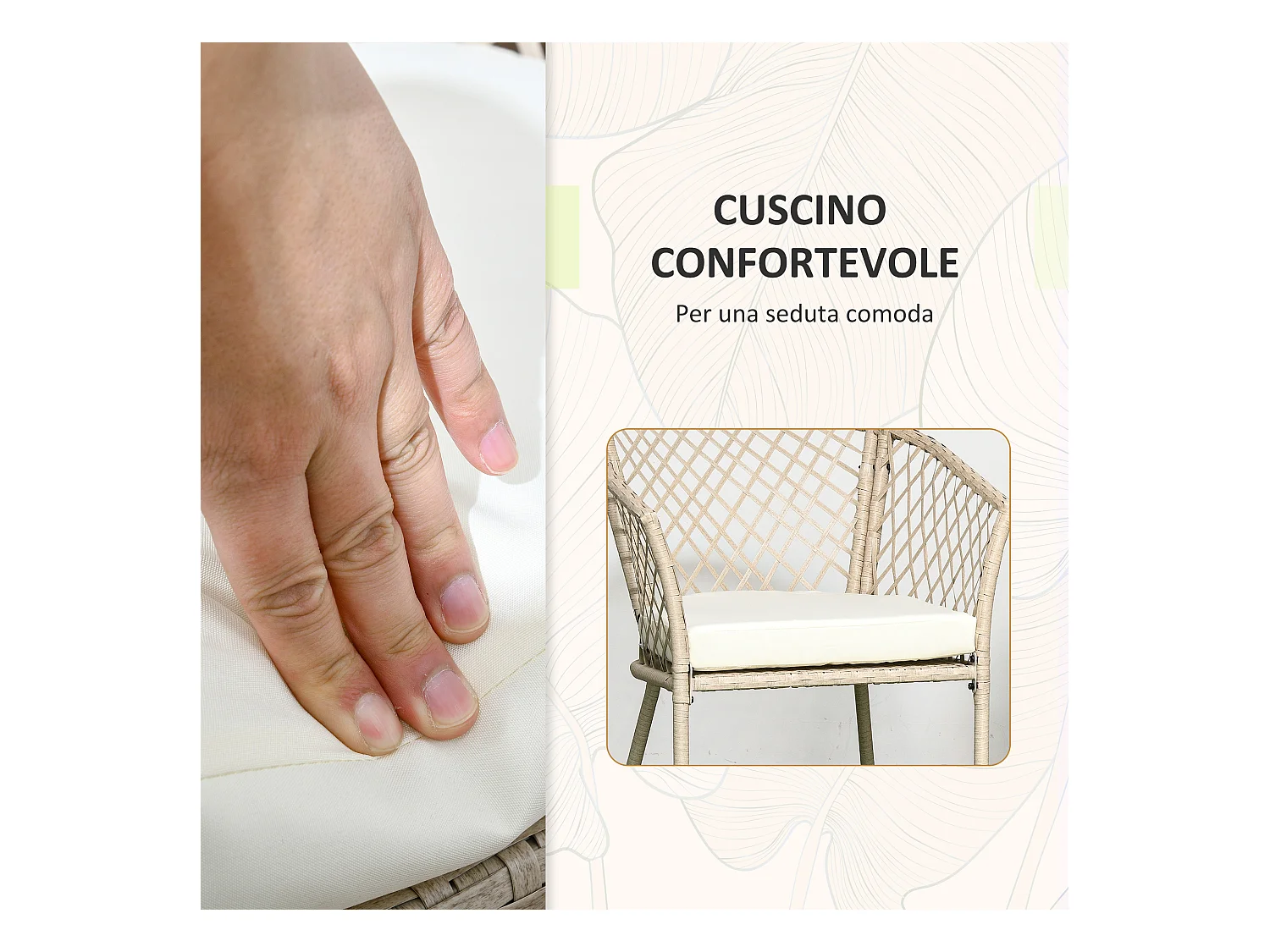 Set da giardino 2 poltrone con cuscini e tavolino in vetro e rattan pe