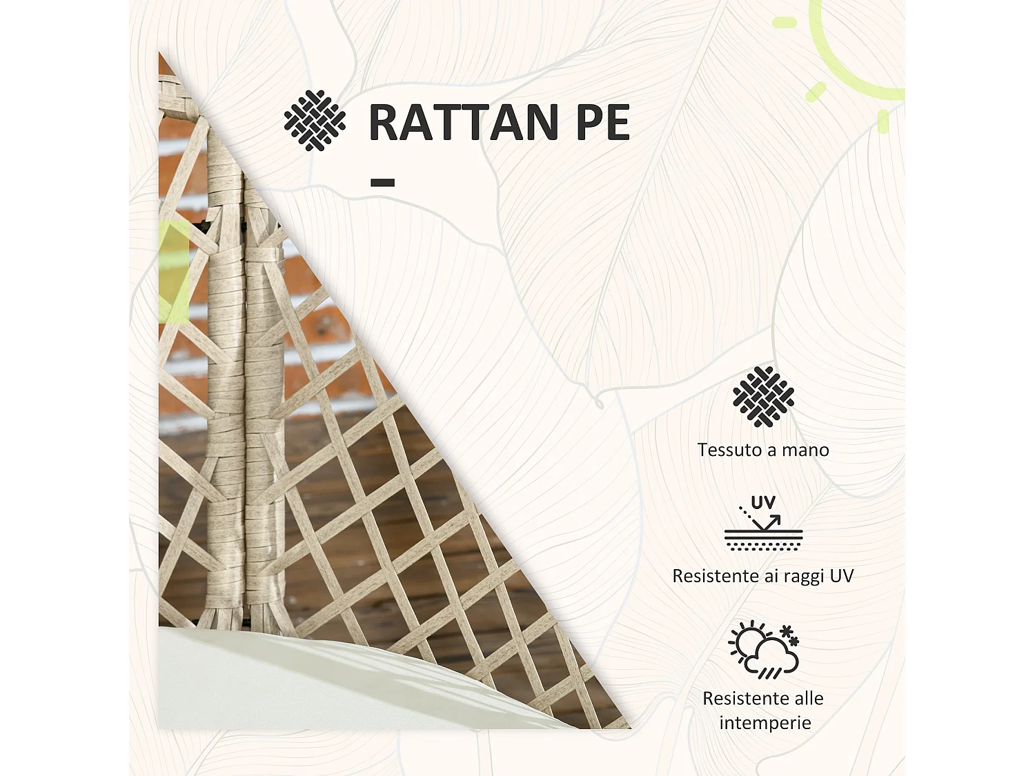 Set da giardino 2 poltrone con cuscini e tavolino in vetro e rattan pe