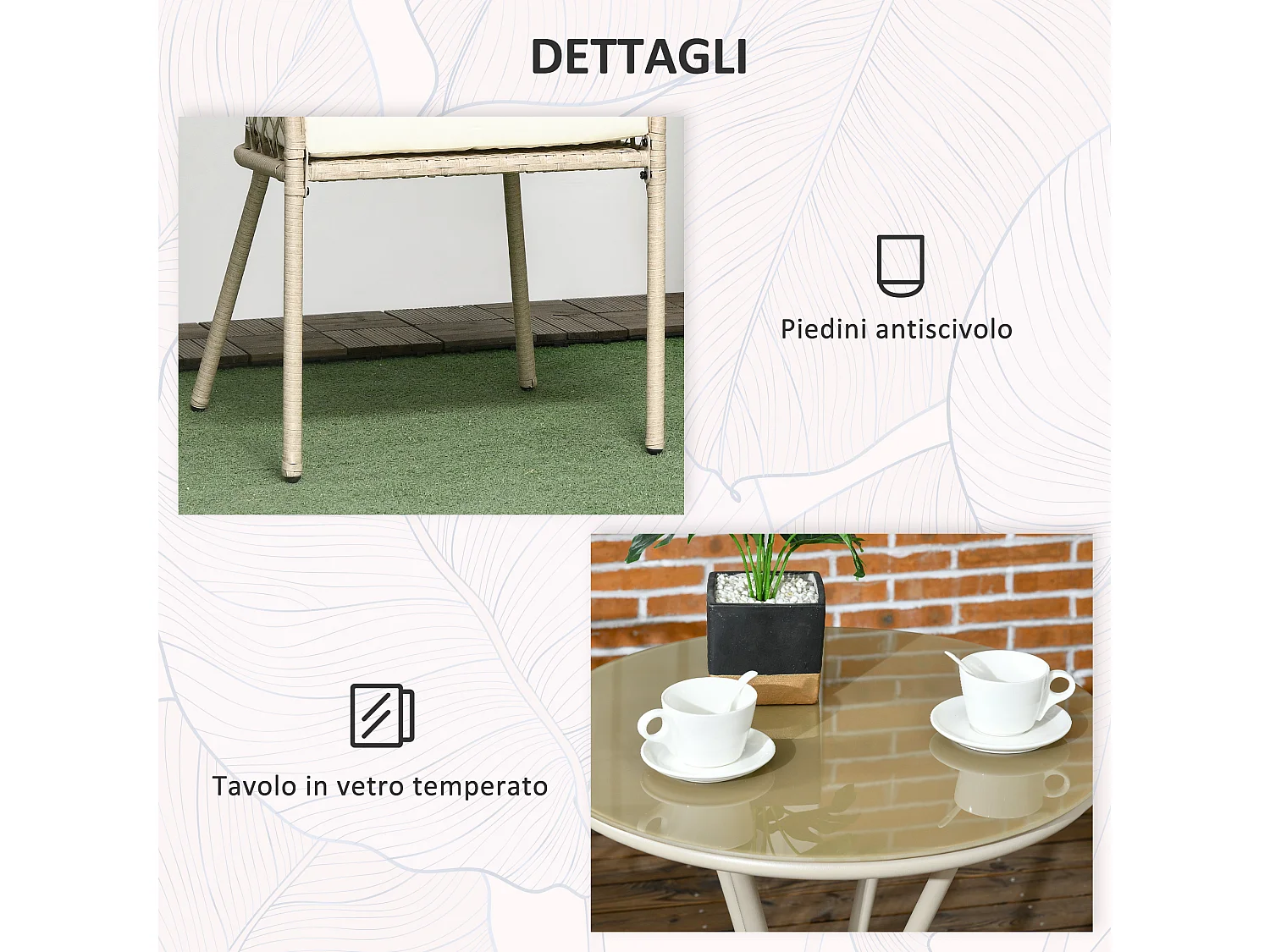 Set da giardino 2 poltrone con cuscini e tavolino in vetro e rattan pe