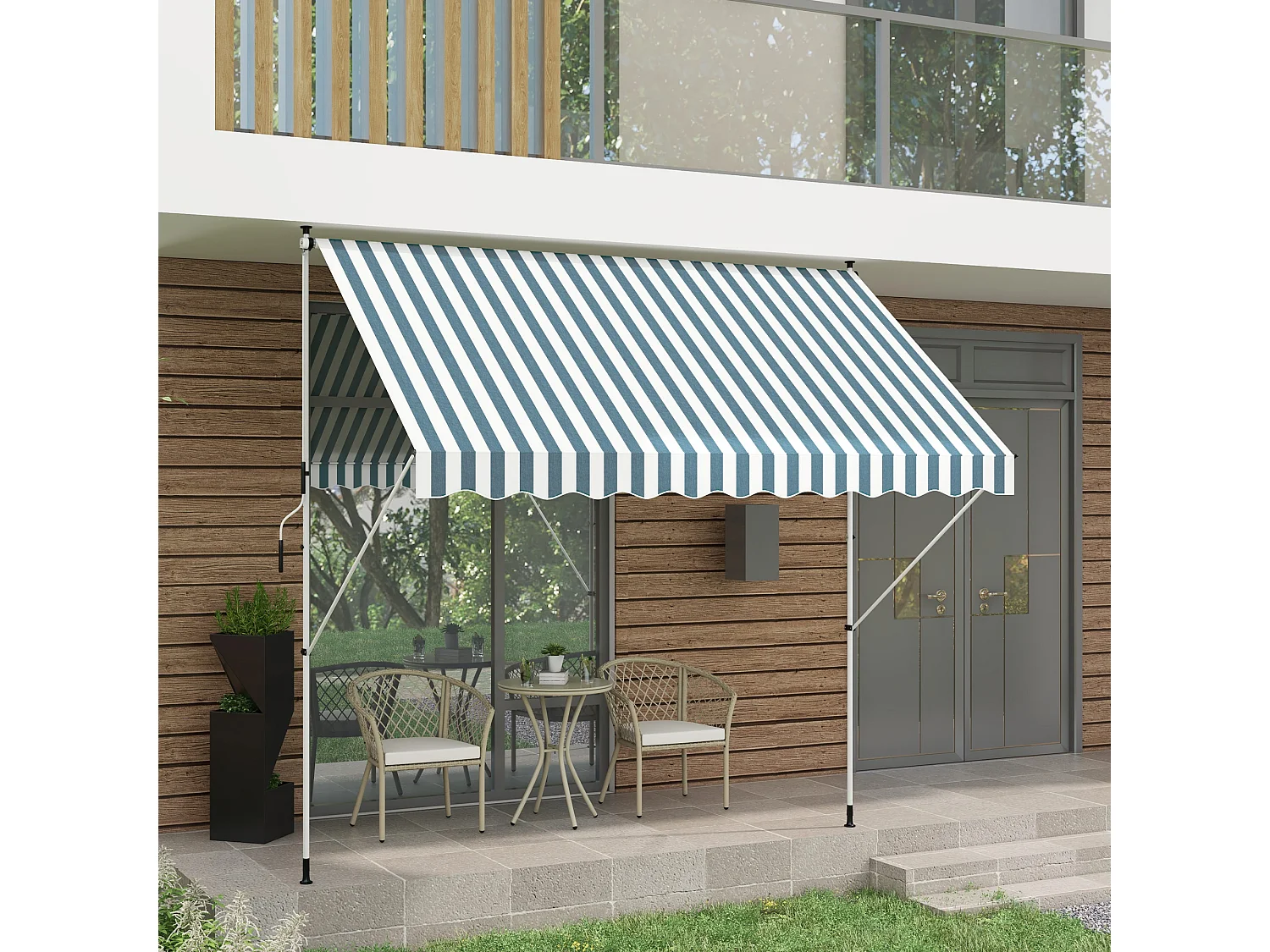 Set da giardino 2 poltrone con cuscini e tavolino in vetro e rattan pe