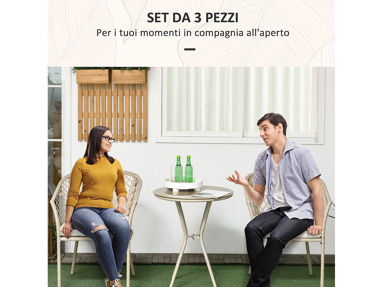 Set da giardino 2 poltrone con cuscini e tavolino in vetro e rattan pe