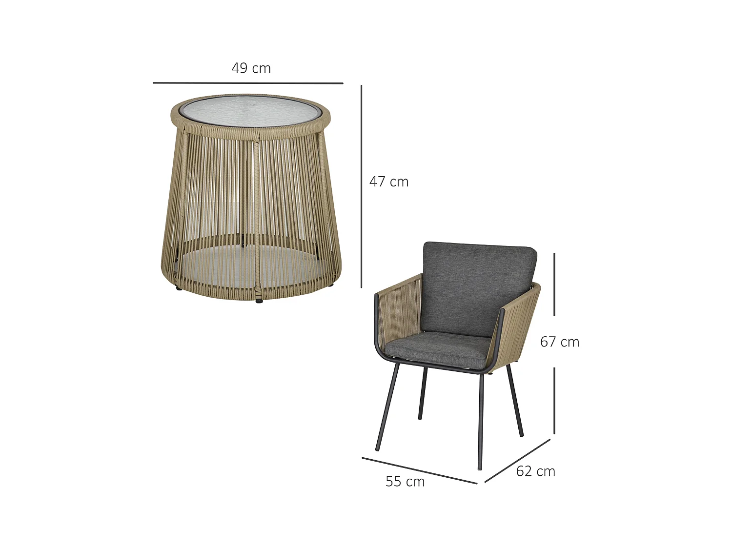 Set 2 sedie da giardino e tavolino stile boho in rattan colore caffè