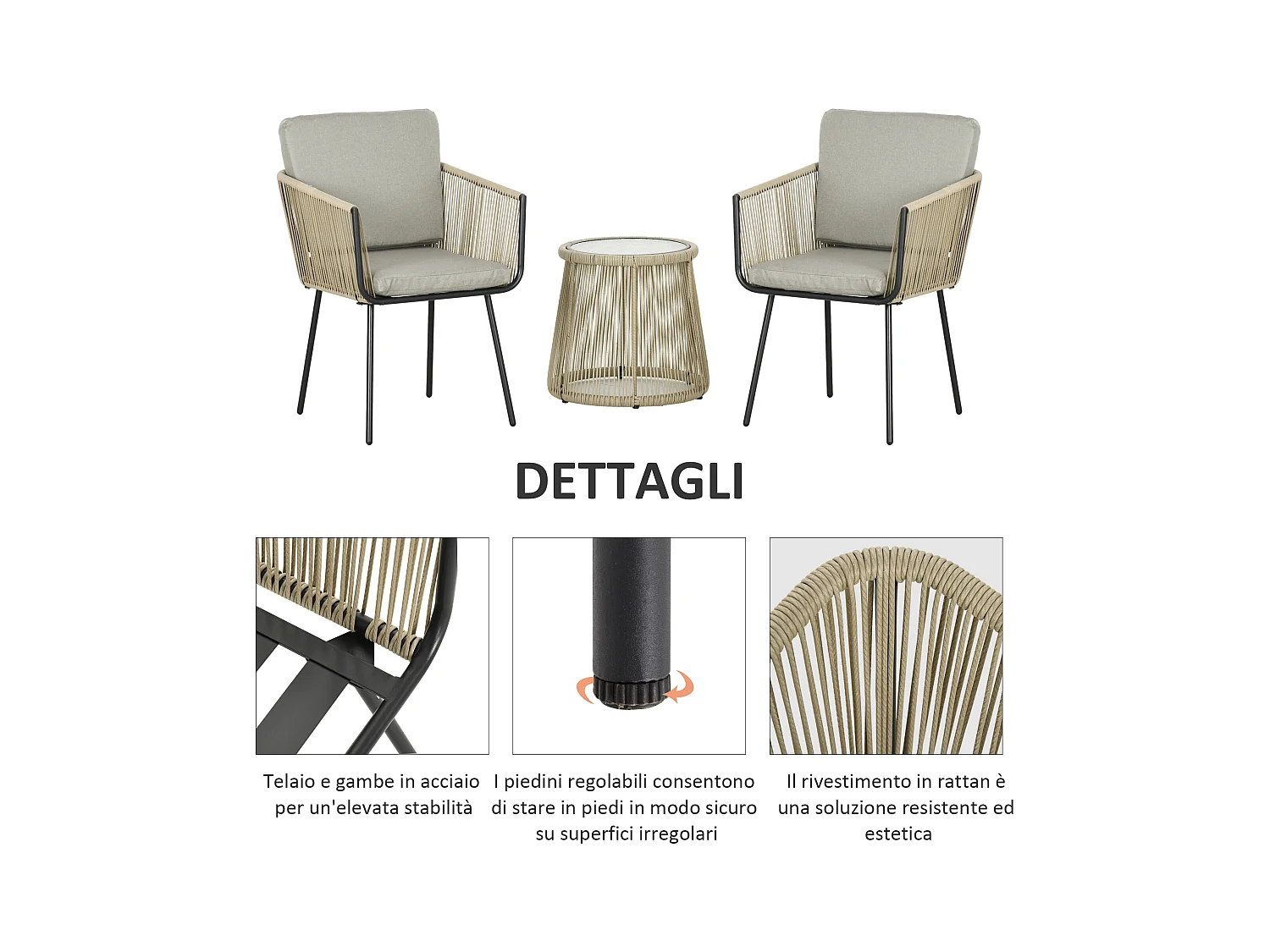 Set 2 sedie da giardino e tavolino stile boho in rattan colore caffè