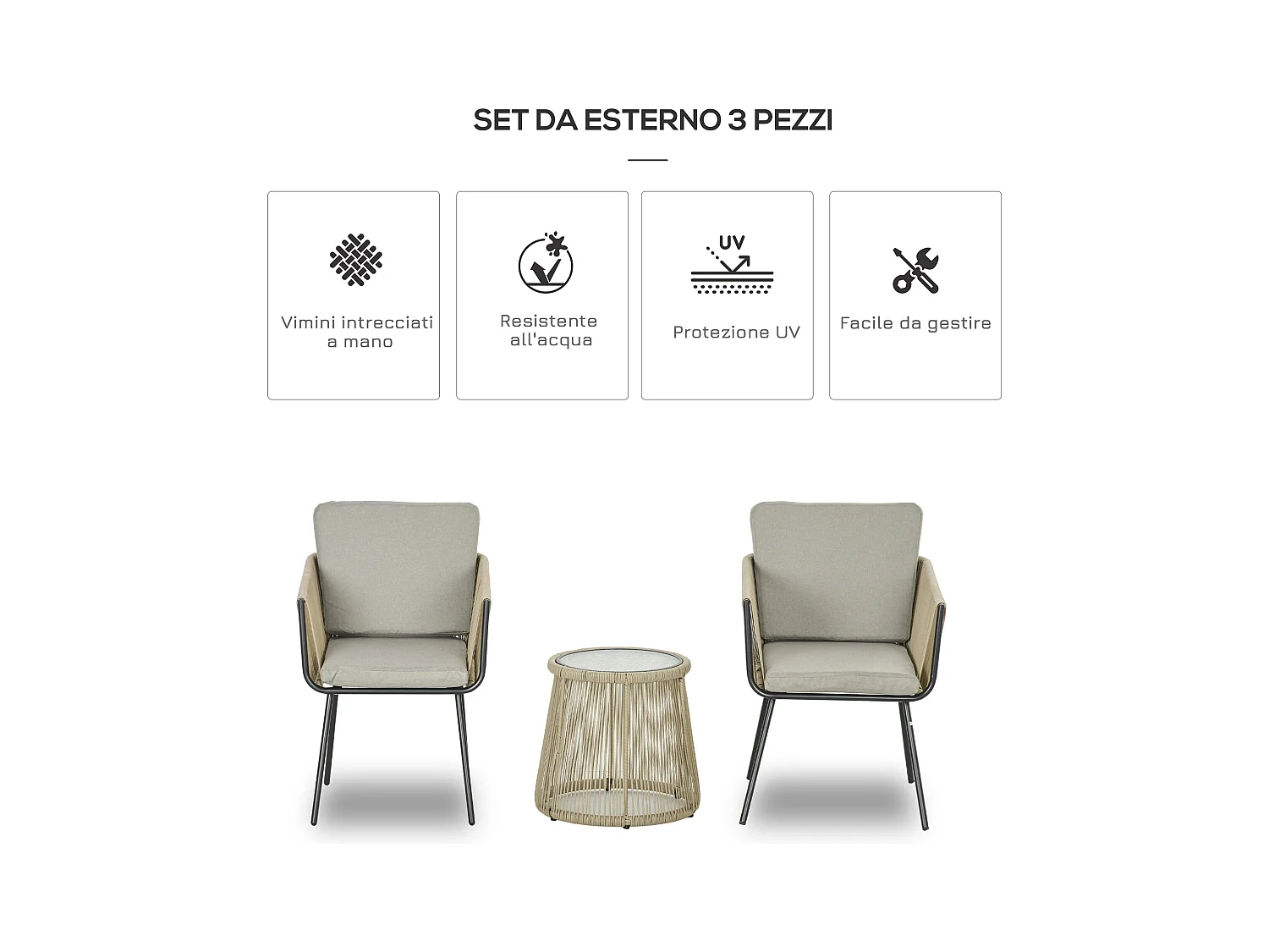 Set 2 sedie da giardino e tavolino stile boho in rattan colore caffè