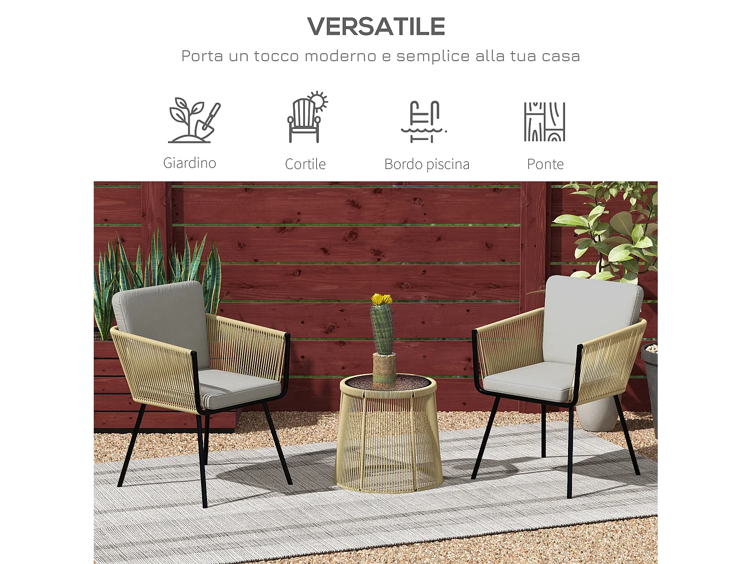 Set 2 sedie da giardino e tavolino stile boho in rattan colore caffè