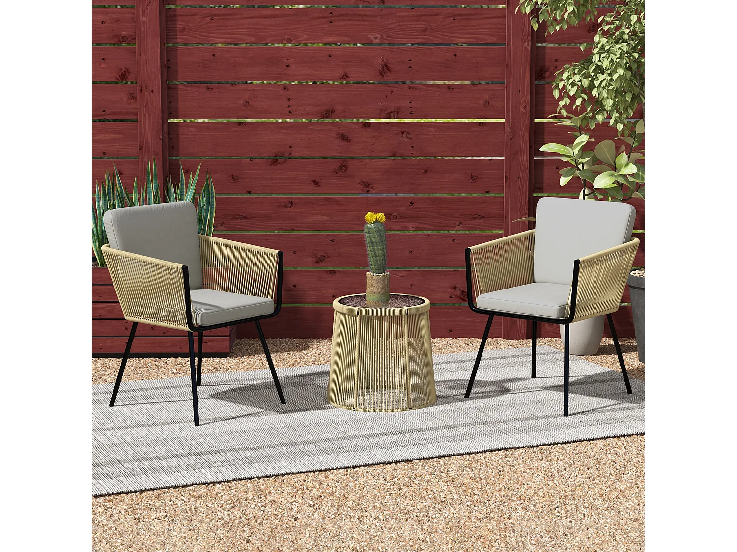 Set 2 sedie da giardino e tavolino stile boho in rattan colore caffè