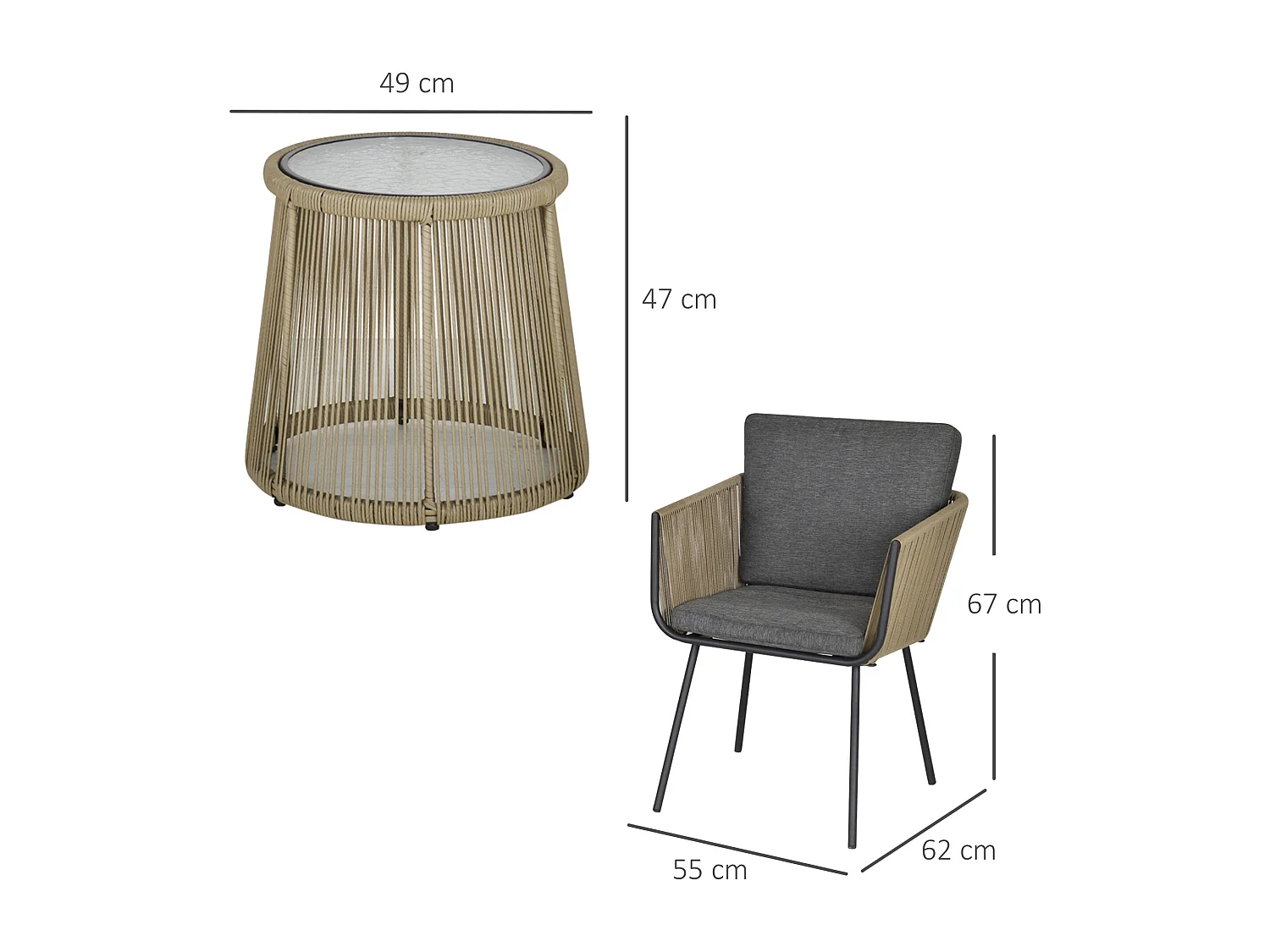 Set 2 sedie da giardino e tavolino stile boho in rattan colore caffè