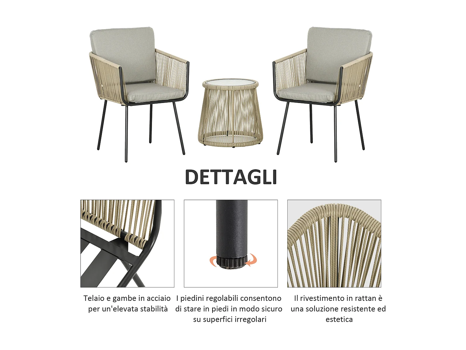 Set 2 sedie da giardino e tavolino stile boho in rattan colore caffè