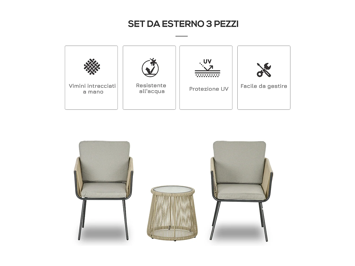 Set 2 sedie da giardino e tavolino stile boho in rattan colore caffè