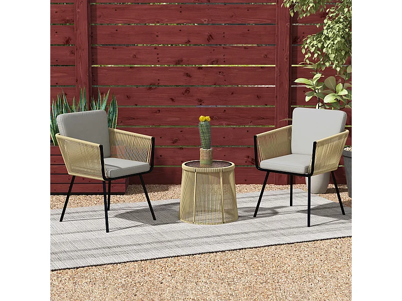 Set 2 sedie da giardino e tavolino stile boho in rattan colore caffè