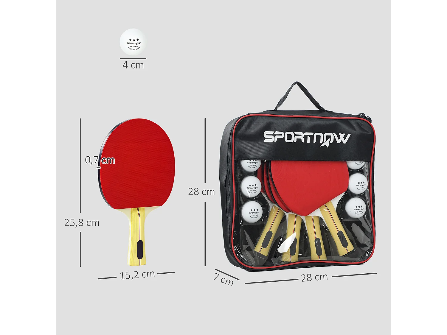 Set 4 racchette ping pong e 8 palline con custodia rosso e nero