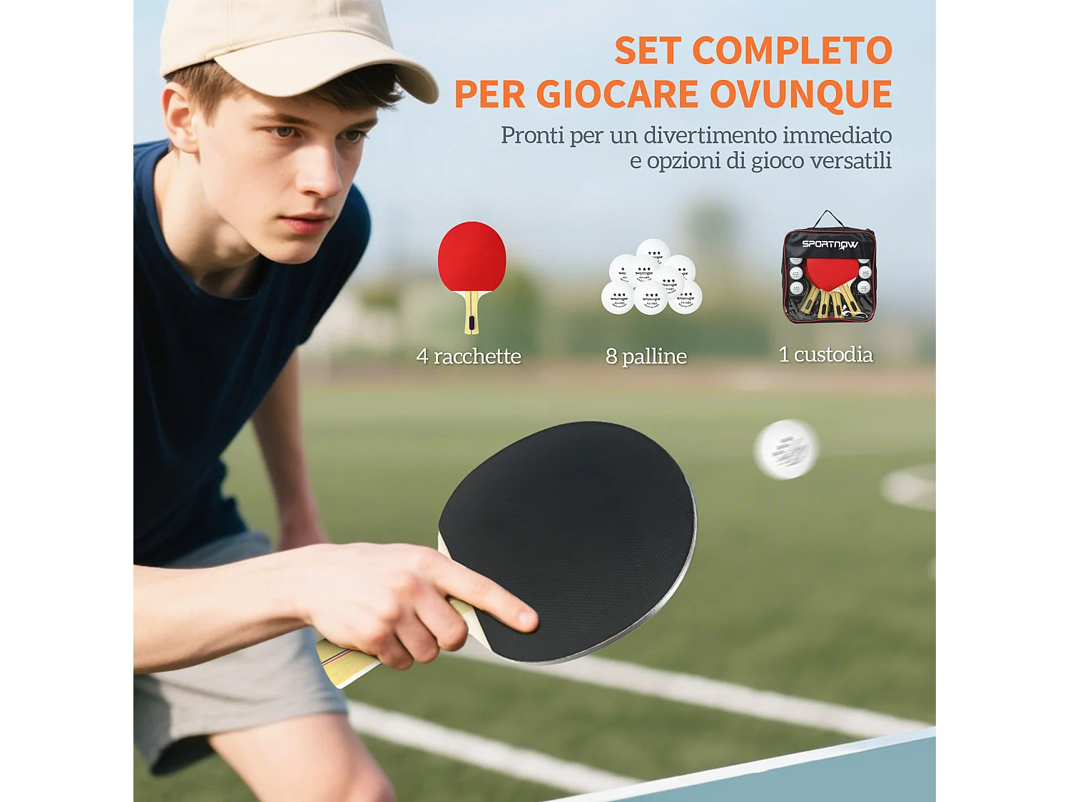 Set 4 racchette ping pong e 8 palline con custodia rosso e nero