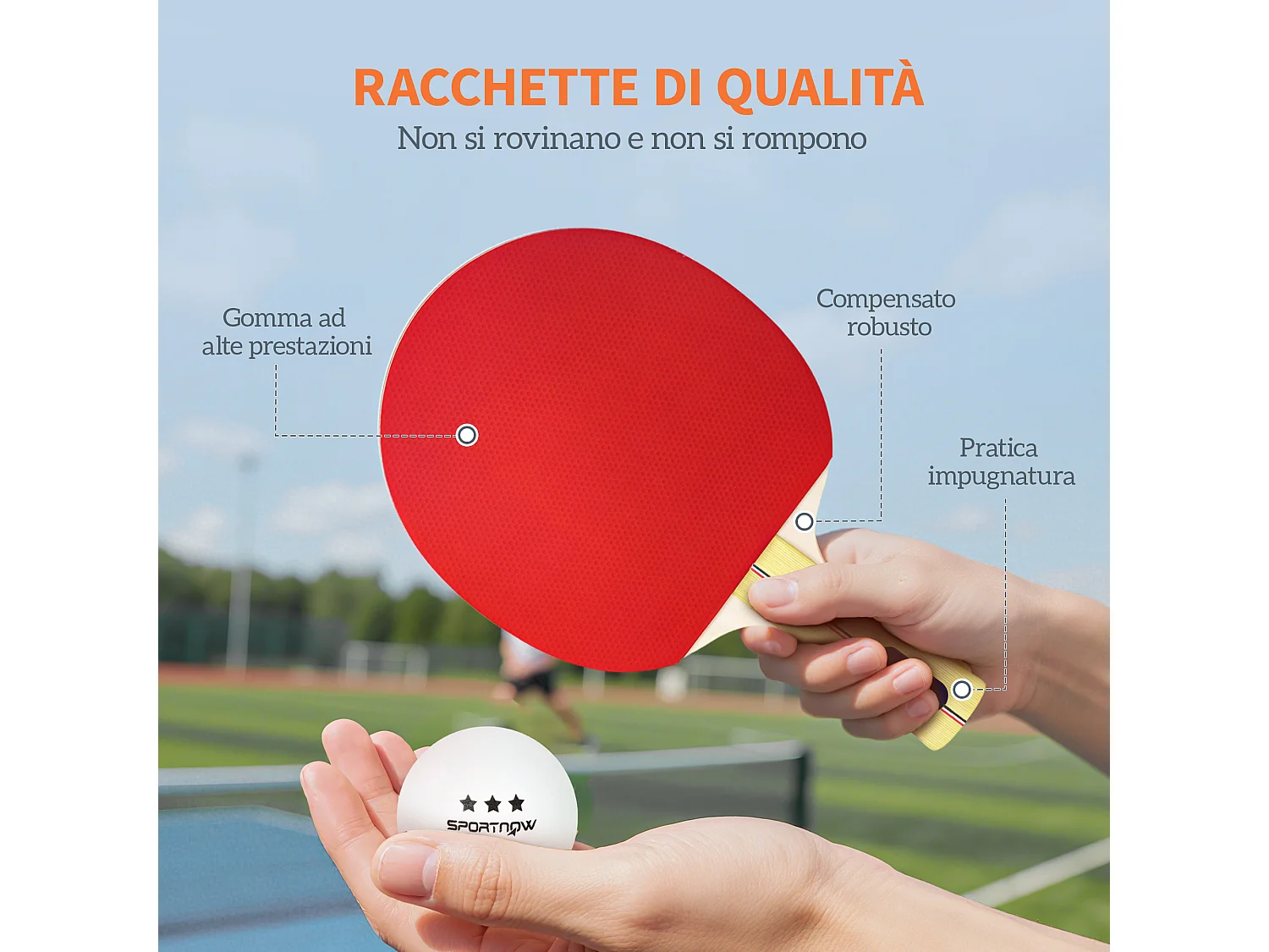 Set 4 racchette ping pong e 8 palline con custodia rosso e nero