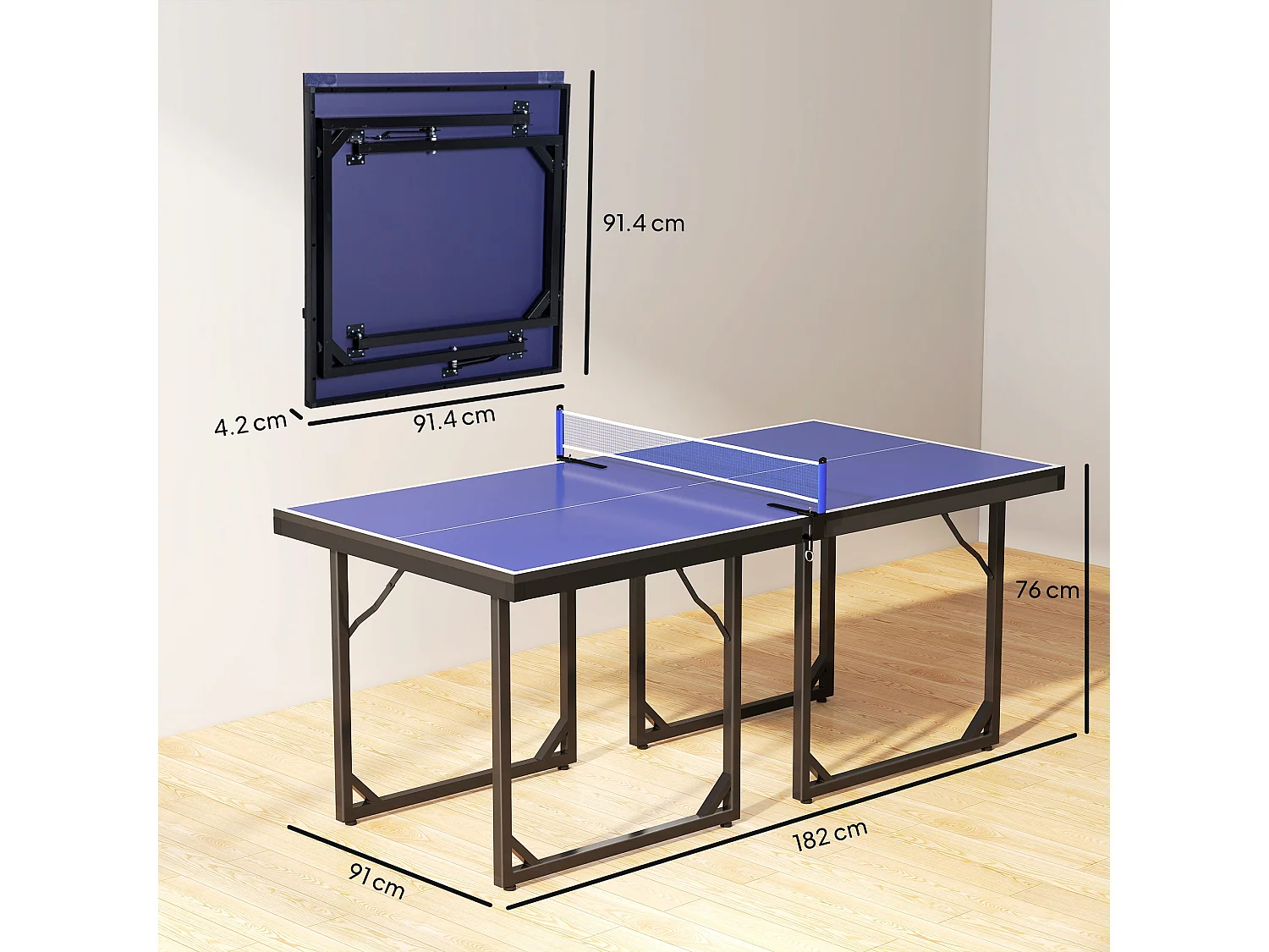 Tavolo ping pong pieghevole con rete da gioco 182x91x76cm blu