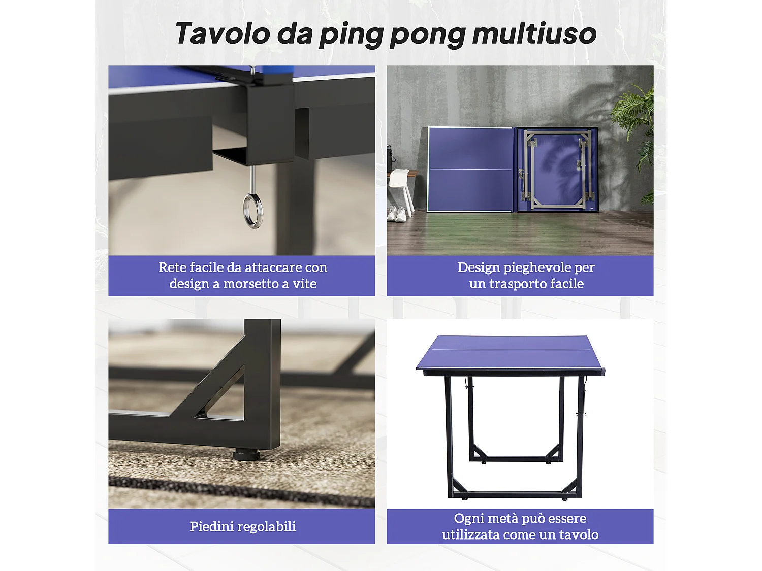 Tavolo ping pong pieghevole con rete da gioco 182x91x76cm blu