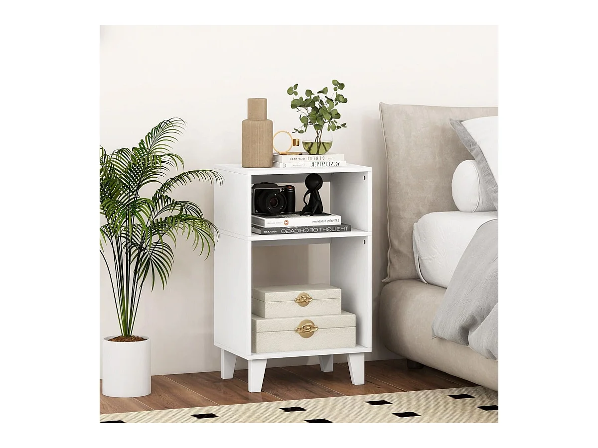 Table d'Appoint à 3 Niveaux Table de Chevet avec Etagères de Rangement Pieds Surélevés et Structure Stable Table d'Appoint Etroite Blanc