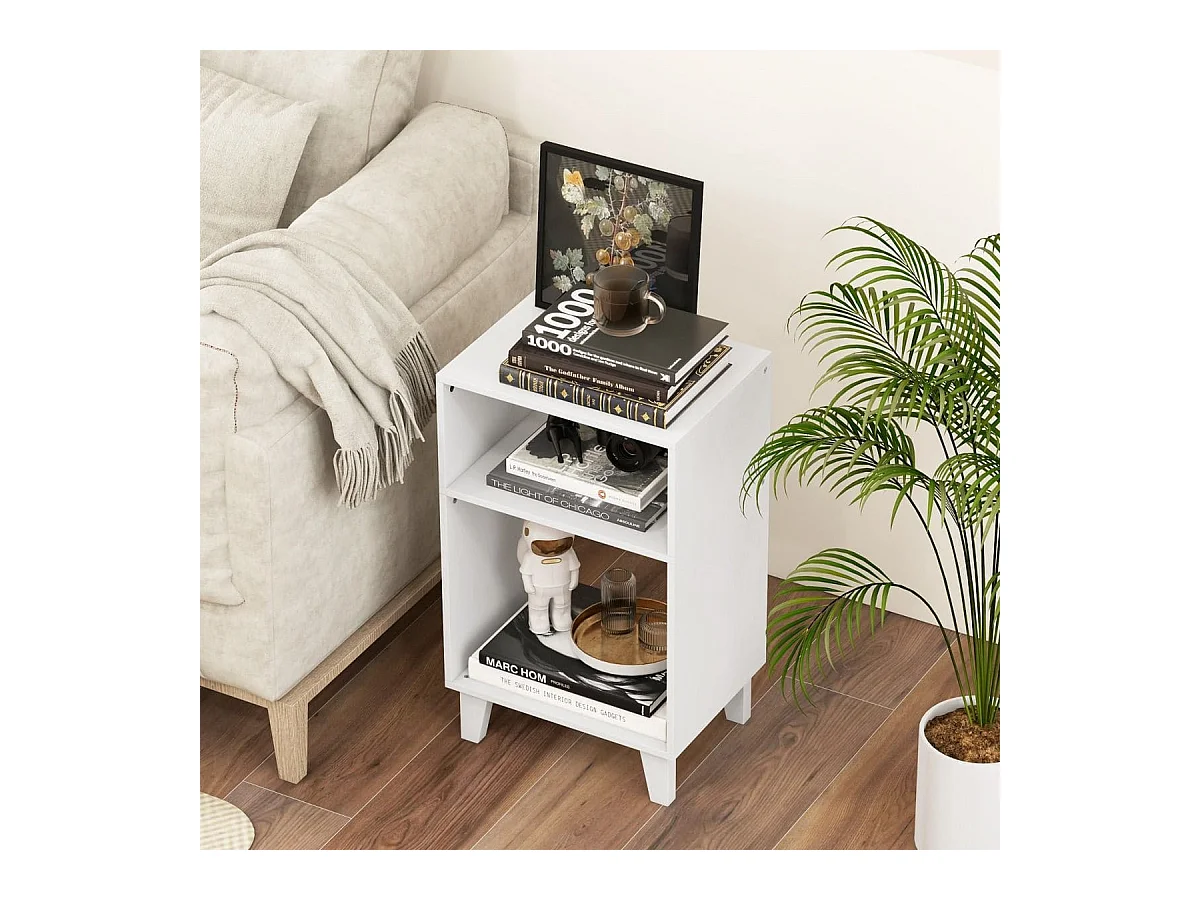 Table d'Appoint à 3 Niveaux Table de Chevet avec Etagères de Rangement Pieds Surélevés et Structure Stable Table d'Appoint Etroite Blanc
