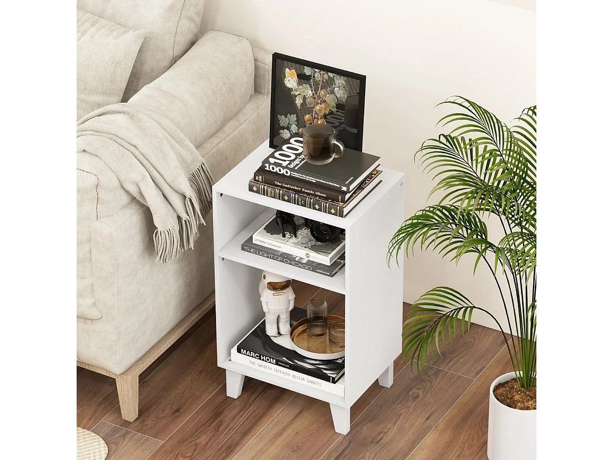 Tavolino a 3 livelli con ripiani gambe e struttura stabile, Tavolino comodino multiuso per camera da letto Bianco