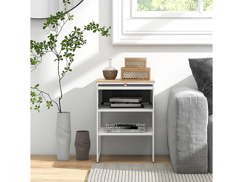 Table de Chevet avec Porte Rabattable Table D'appoint à 3 Niveaux avec Étagère de Rangement Table D'appoint Moderne Table de Nuit Compacte Blanc