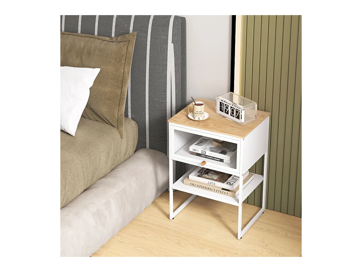 Nachttisch Beistelltisch Holz Nachtschrank mit Metallrahmen & Ablage & durchsichtiger Tür 40 x 32 x 56 cm Weiß