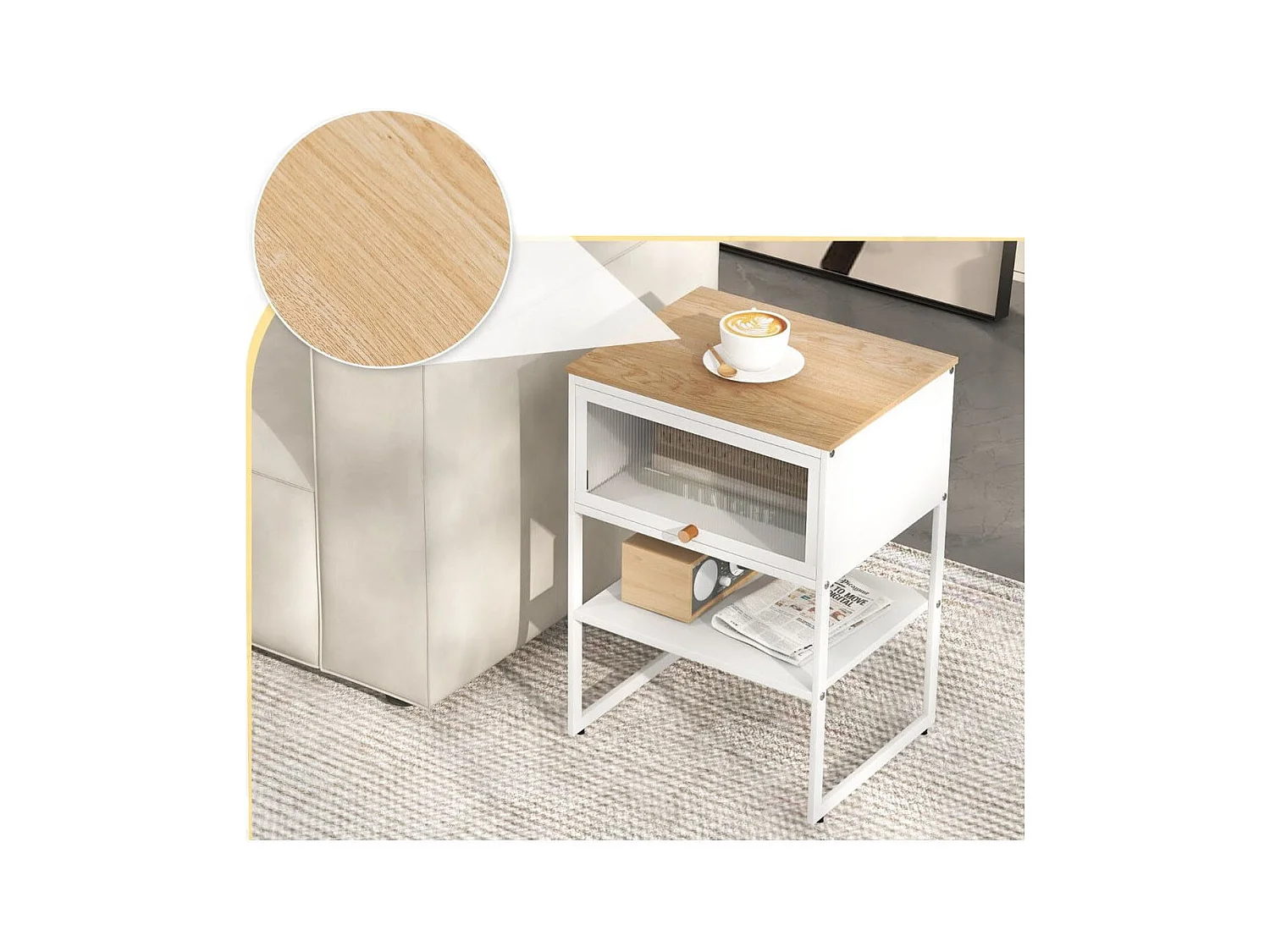 Nachttisch Beistelltisch Holz Nachtschrank mit Metallrahmen & Ablage & durchsichtiger Tür 40 x 32 x 56 cm Weiß