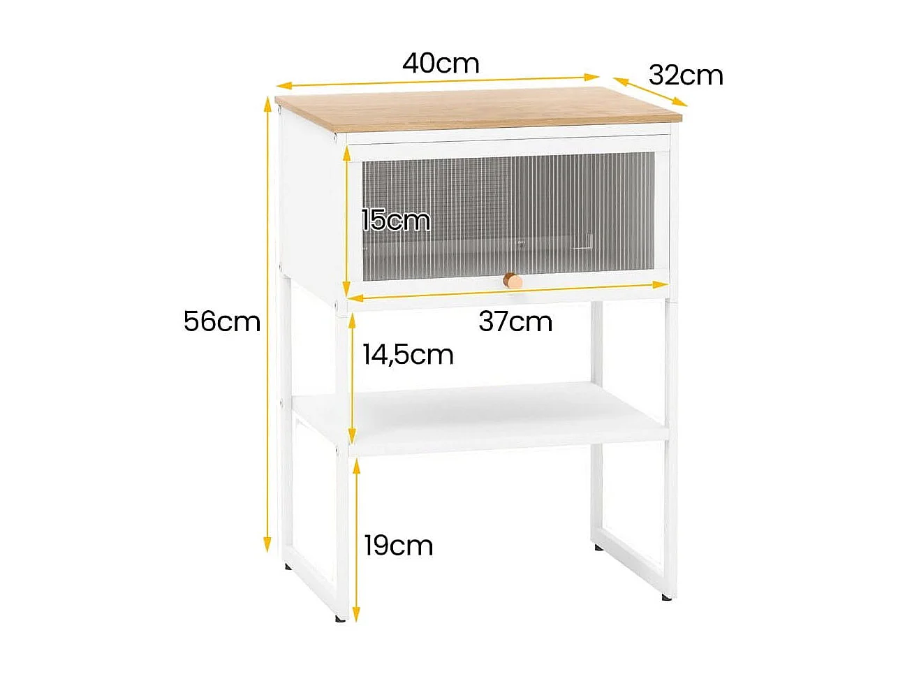 Nachttisch Beistelltisch Holz Nachtschrank mit Metallrahmen & Ablage & durchsichtiger Tür 40 x 32 x 56 cm Weiß