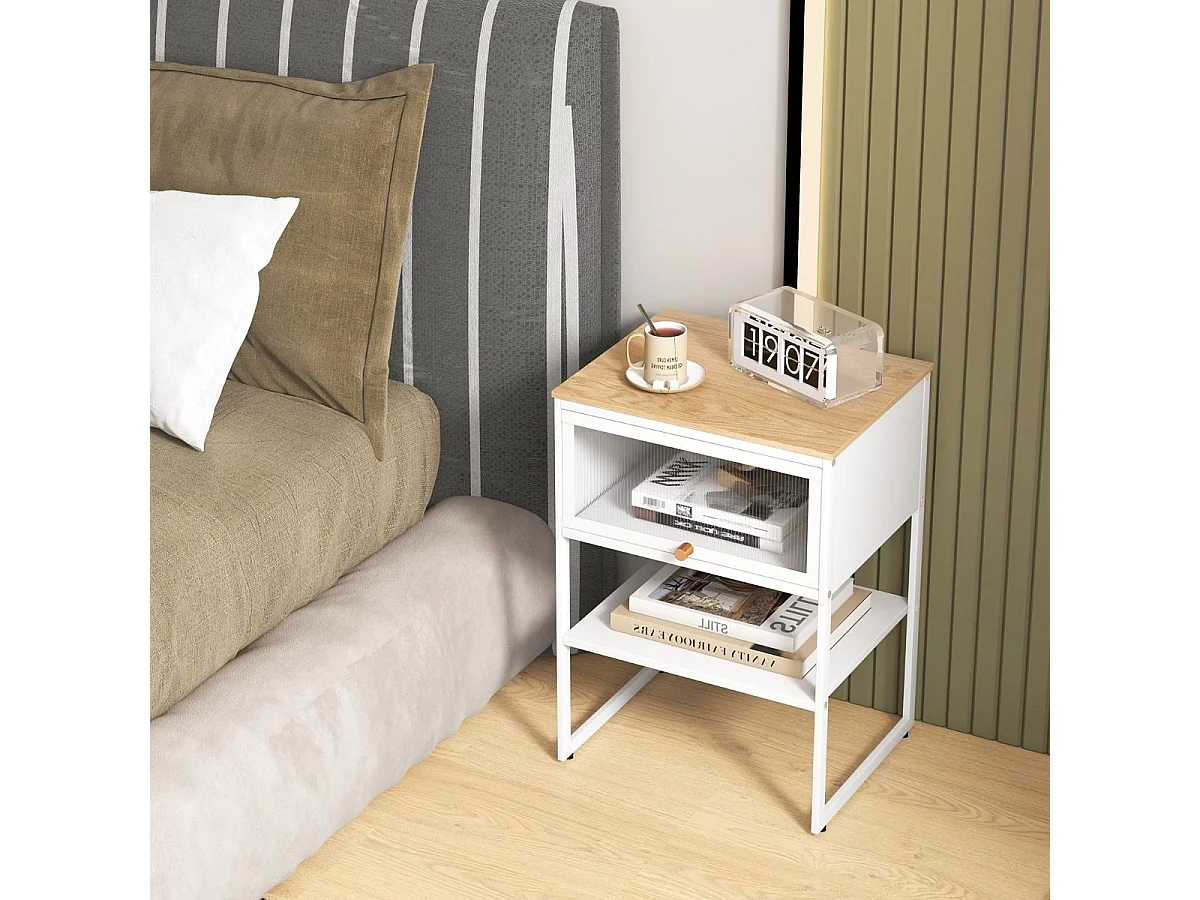 Nachttisch Beistelltisch Holz Nachtschrank mit Metallrahmen & Ablage & durchsichtiger Tür 40 x 32 x 56 cm Weiß