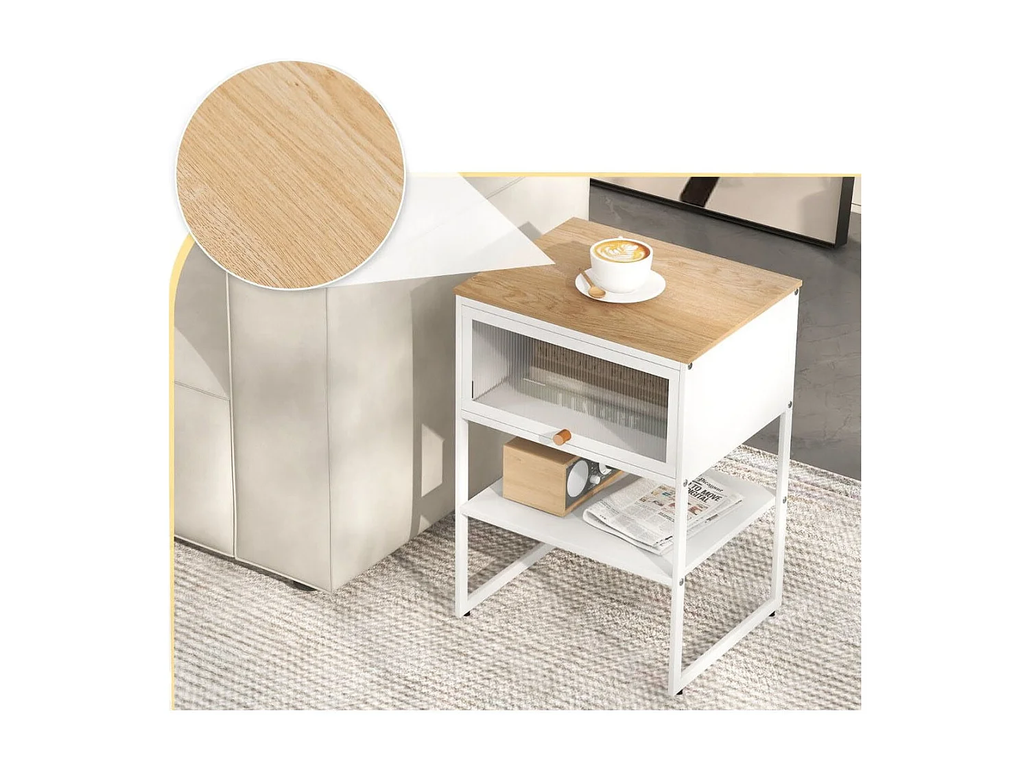 Nachttisch Beistelltisch Holz Nachtschrank mit Metallrahmen & Ablage & durchsichtiger Tür 40 x 32 x 56 cm Weiß