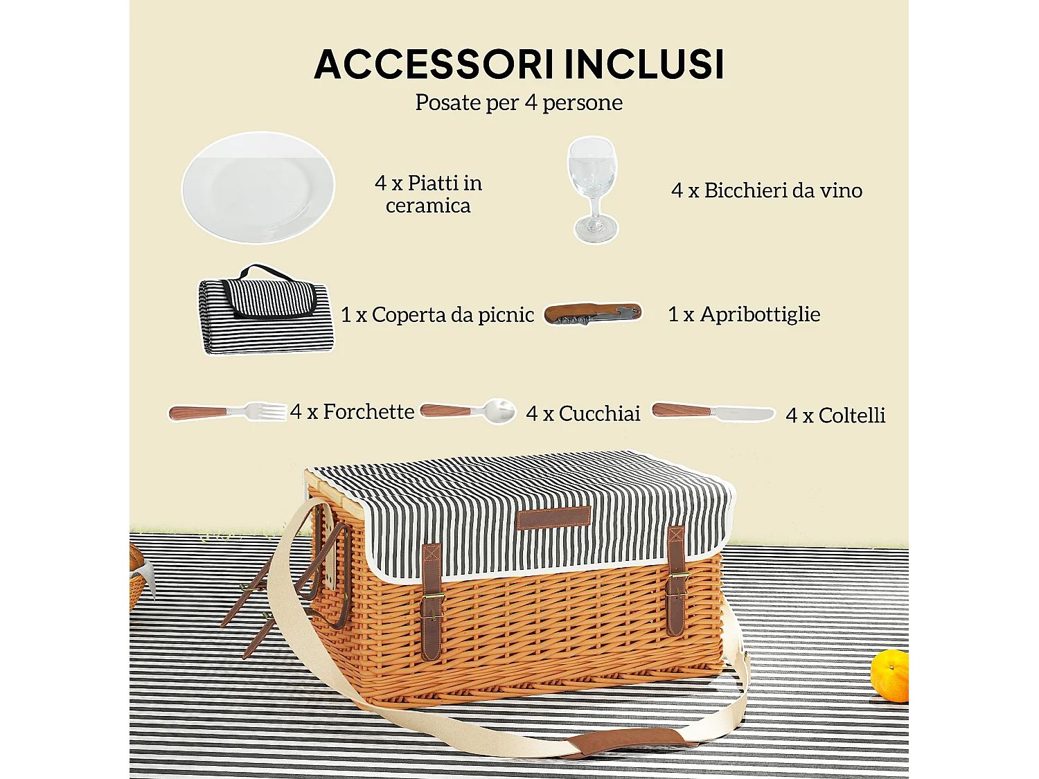 Cesta da pic nic per 4 persone con tavolino in vimini marrone chiaro