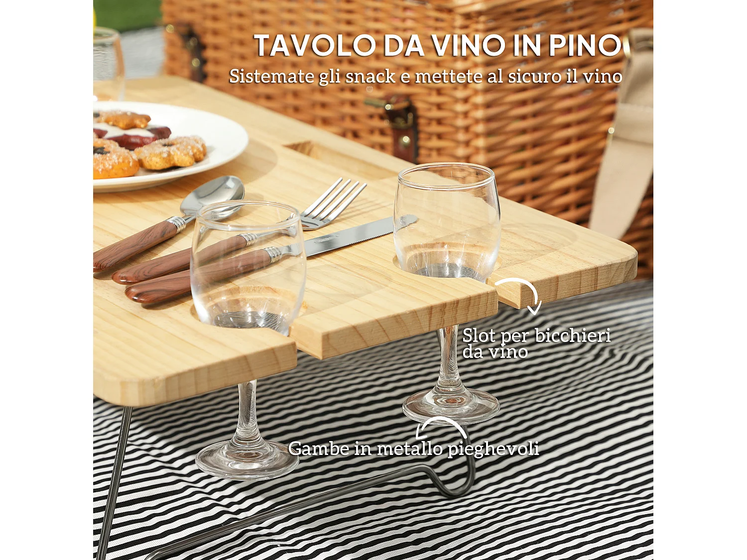 Cesta da pic nic per 4 persone con tavolino in vimini marrone chiaro