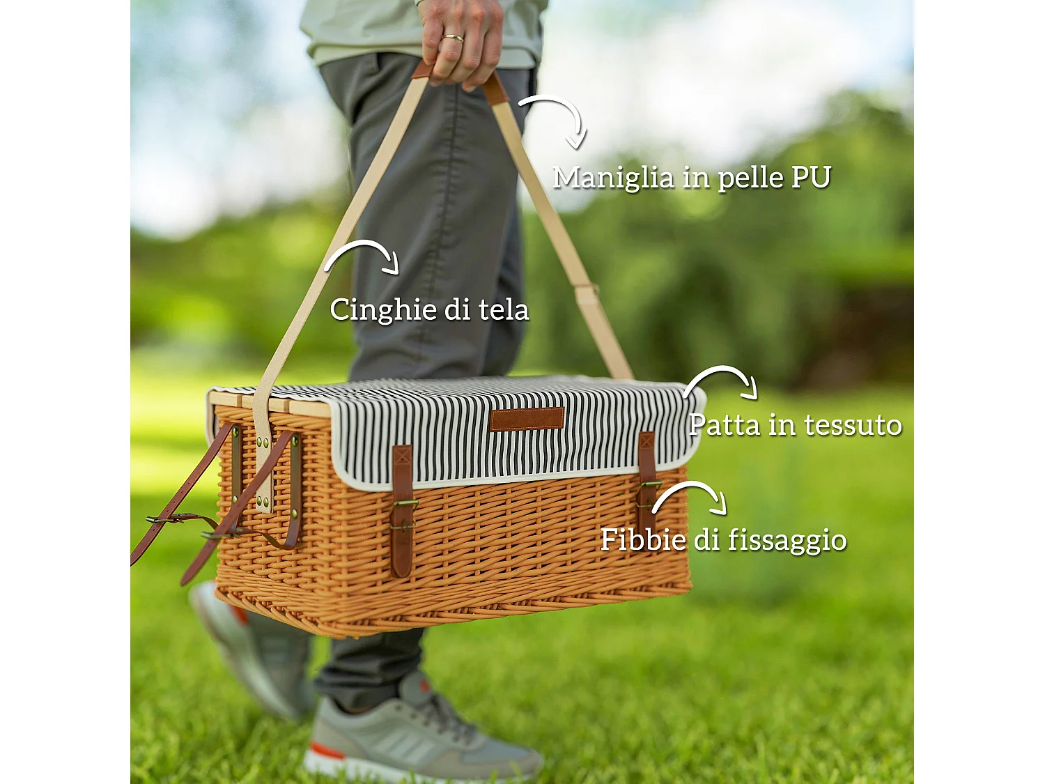 Cesta da pic nic per 4 persone con tavolino in vimini marrone chiaro