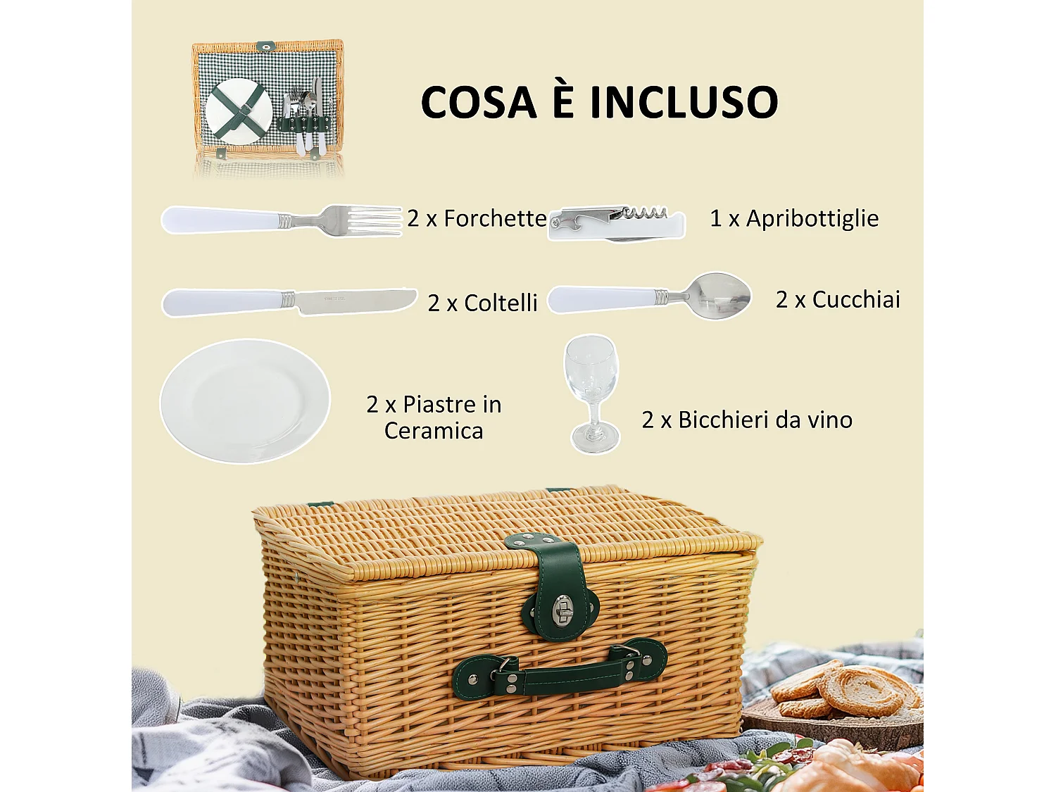 Cesta da pic nic per 2 persone con area frigo in vimini marrone chiaro