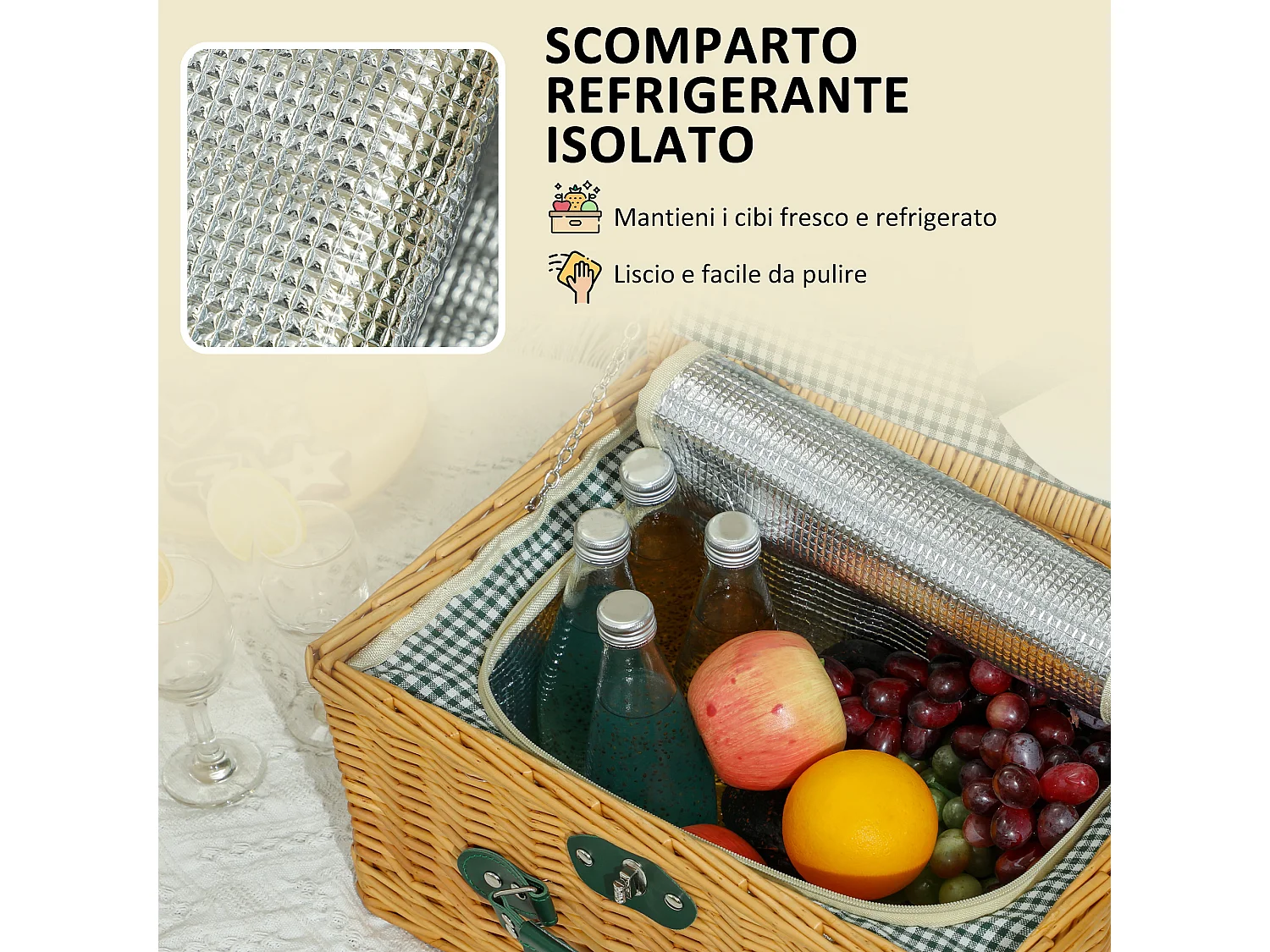 Cesta da pic nic per 2 persone con area frigo in vimini marrone chiaro