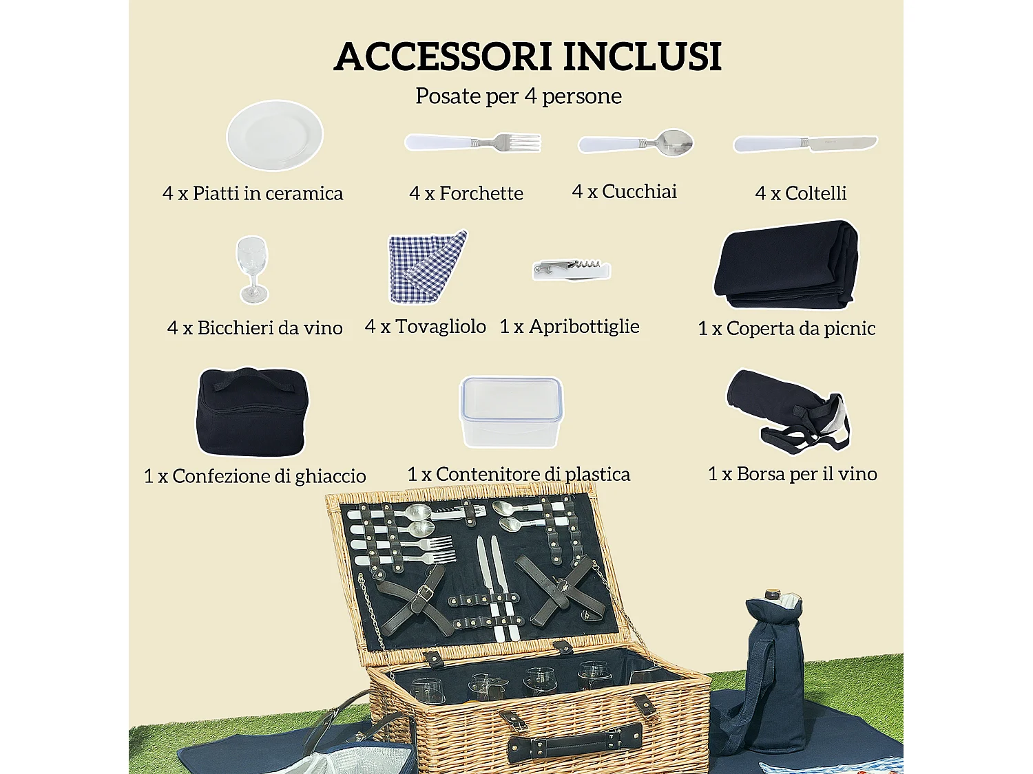 Cesta da pic nic per 4 persone con area frigo e accessori 54x34x20 cm