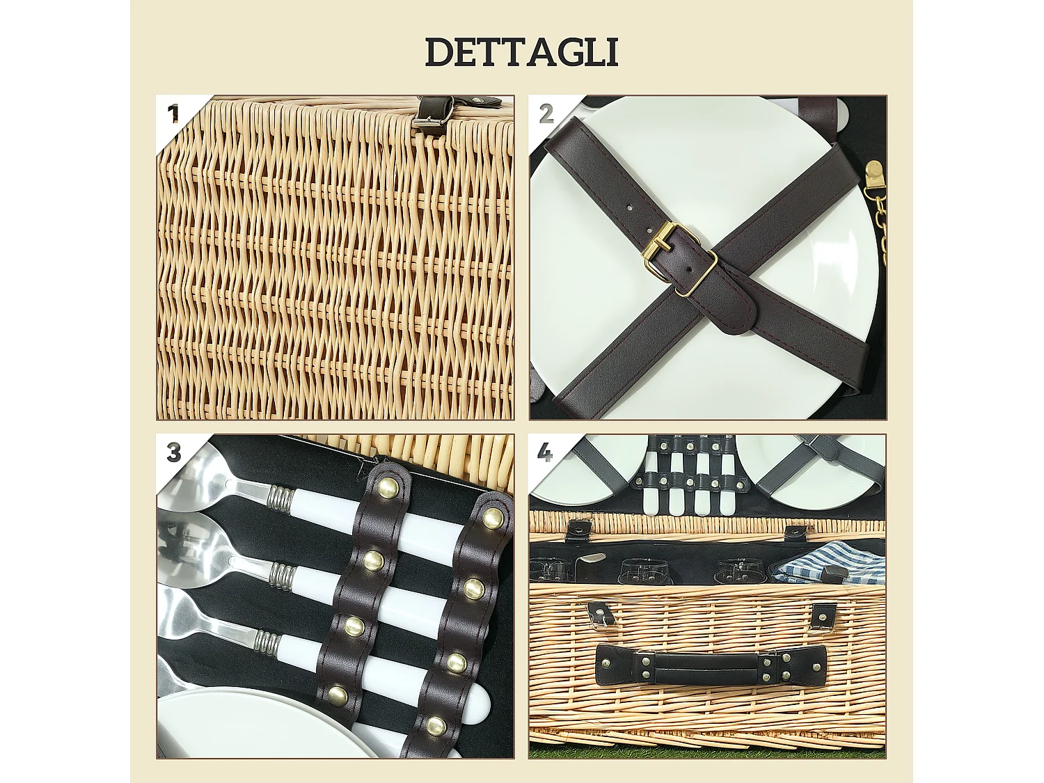 Cesta da pic nic per 4 persone con area frigo e accessori 54x34x20 cm