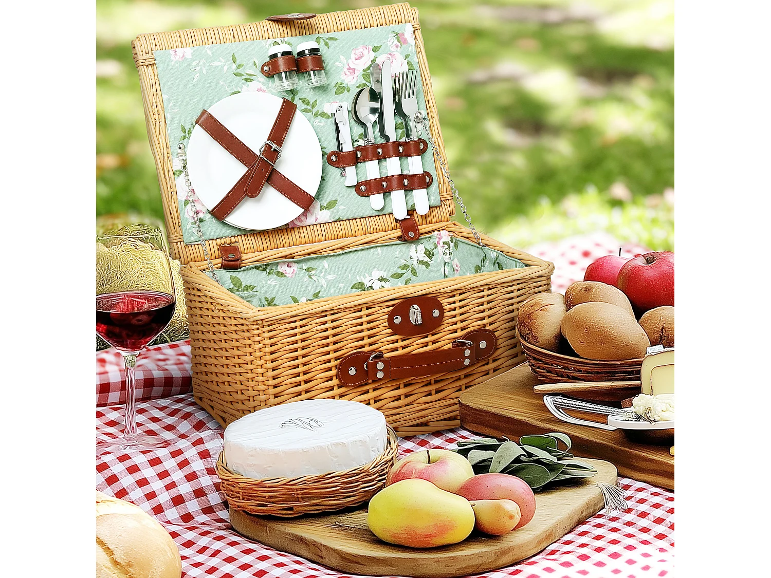 Cestino da picnic per 2 persone con stoviglie in vimini marrone