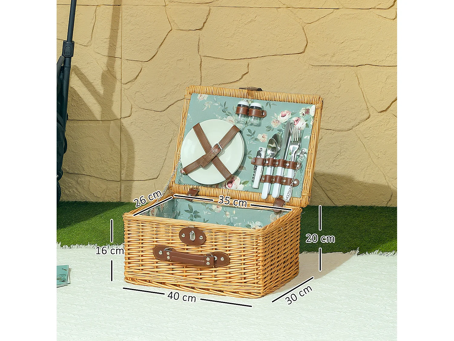 Cestino da picnic per 2 persone con stoviglie in vimini marrone