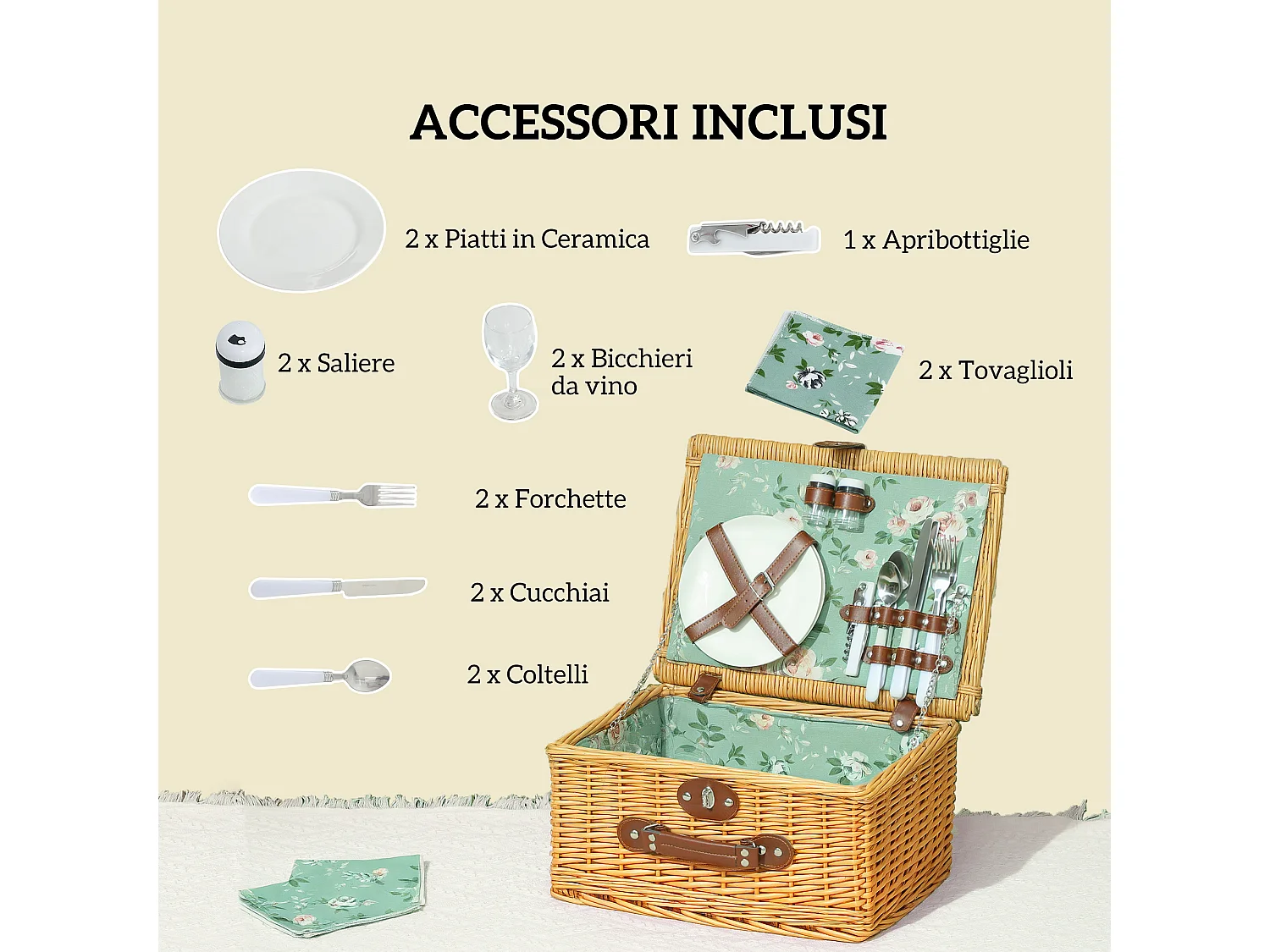 Cestino da picnic per 2 persone con stoviglie in vimini marrone