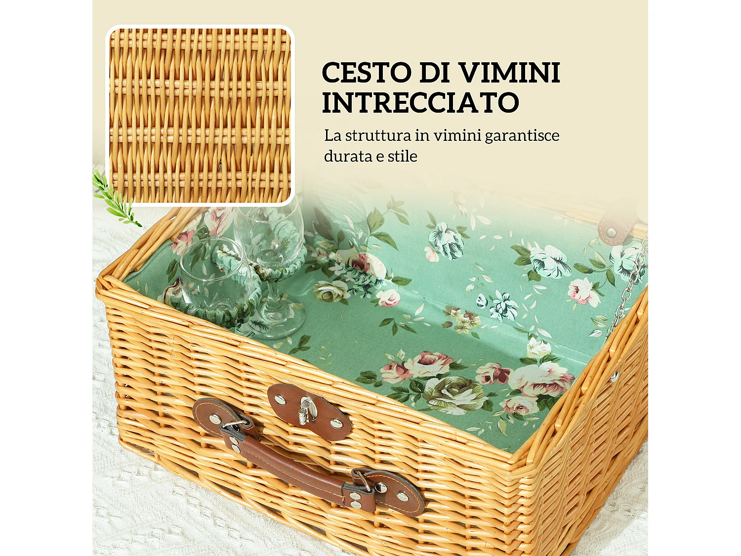 Cestino da picnic per 2 persone con stoviglie in vimini marrone