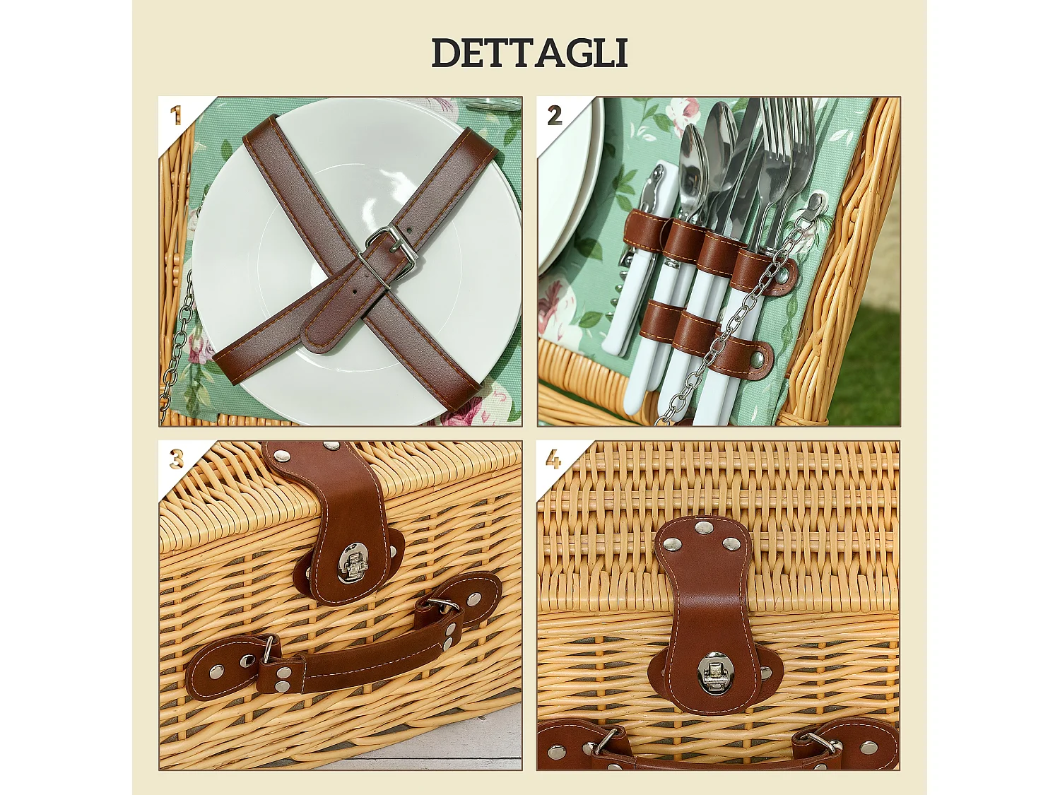 Cestino da picnic per 2 persone con stoviglie in vimini marrone