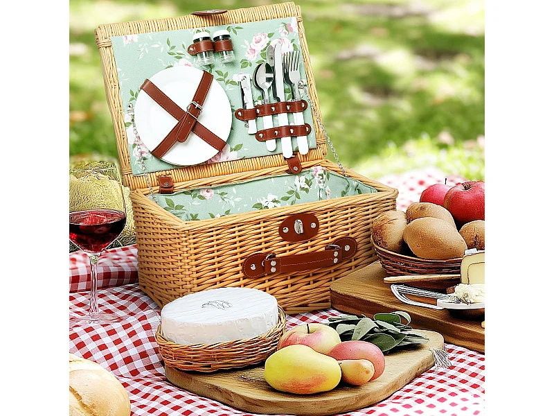 Cestino da picnic per 2 persone con stoviglie in vimini marrone