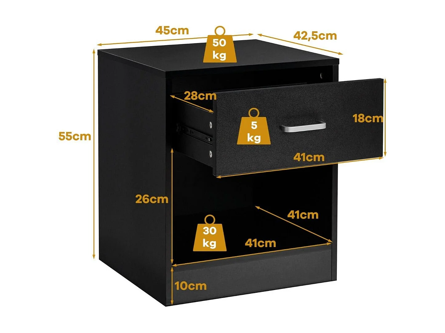 Comodino moderno con cassetto e vano aperto, Tavolino laterale versatile per divano letto 45x42,5x55cm Nero