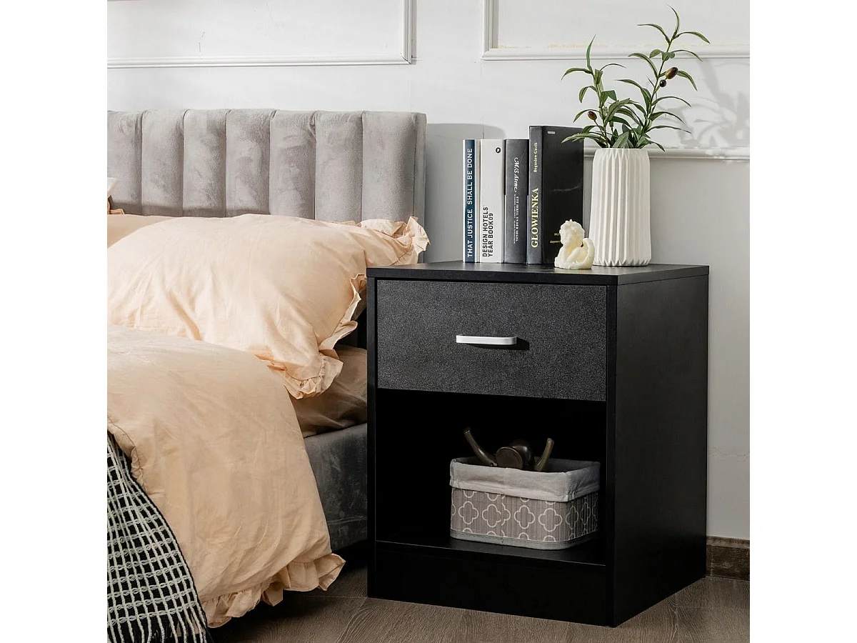 Comodino moderno con cassetto e vano aperto, Tavolino laterale versatile per divano letto 45x42,5x55cm Nero