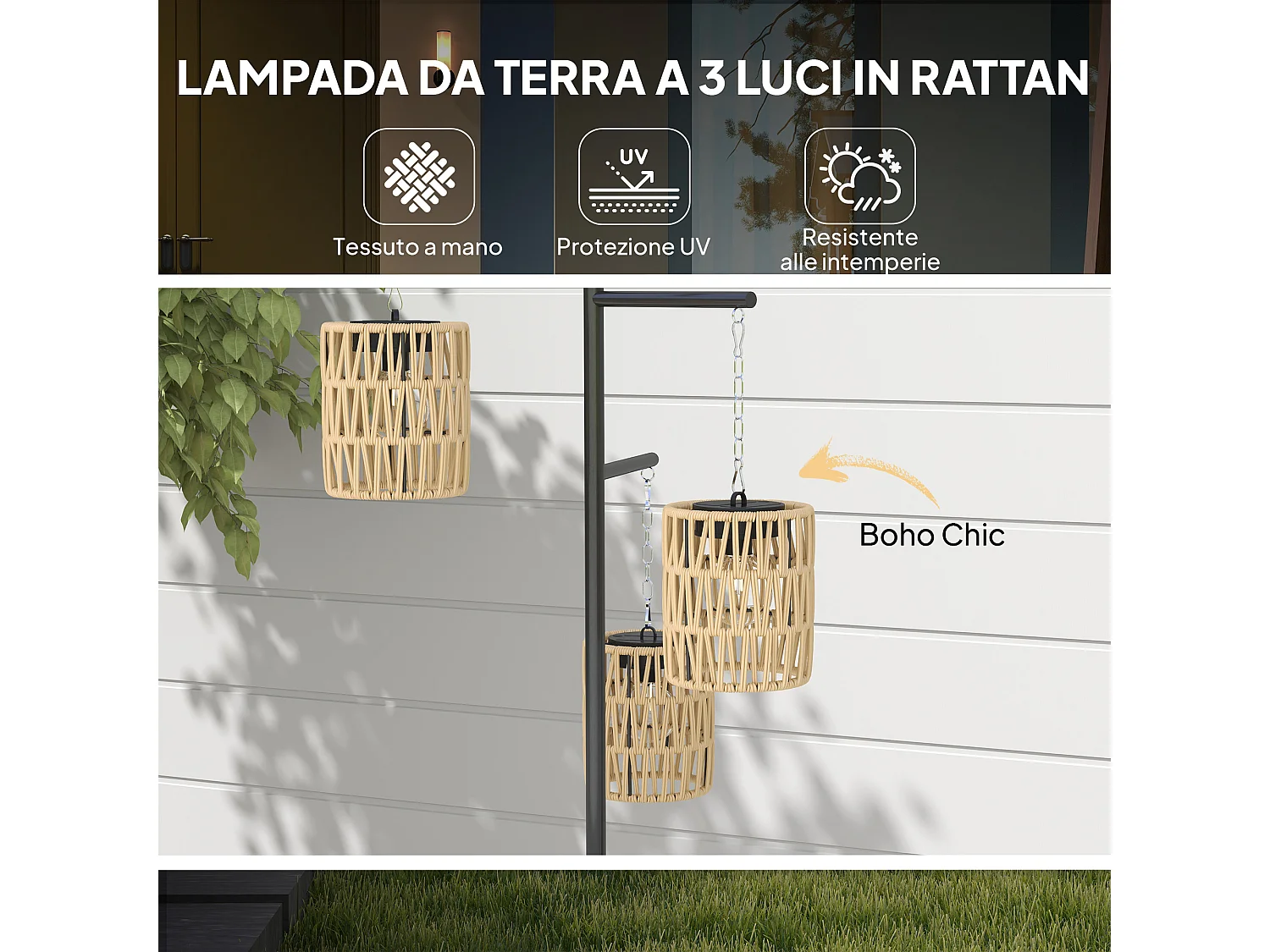 Lampada da esterno solare a 3 luci con base quadrata nero e giallo