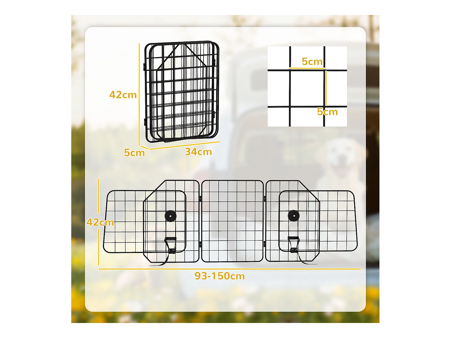 Griglia divisoria auto per cani regolabile e pieghevole 93-150x42cm
