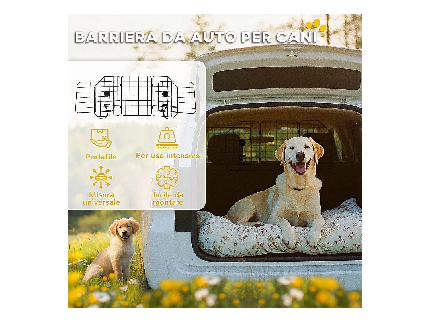 Griglia divisoria auto per cani regolabile e pieghevole 93-150x42cm